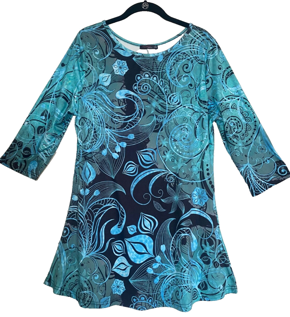 AZALEA Wearable Art Tunic Top Abstract Print Turquoise Teal Black 3/4 Sleeve XL
